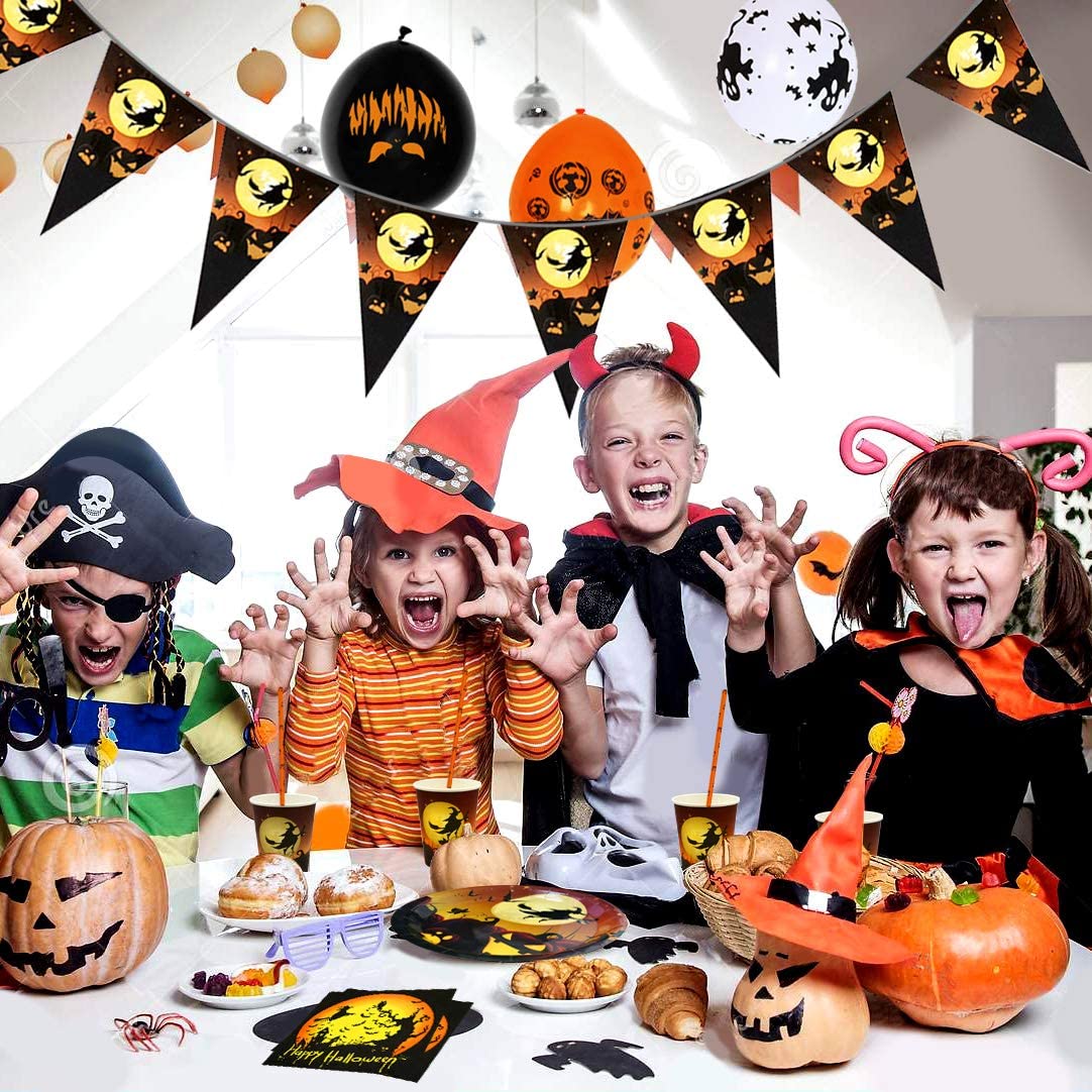iZoeL Halloween Tableware for 20Guests Witches Banner Paper Plates Napkins Cups Straws - Disposable Dinnerware for Halloween Party Decorations Supplies