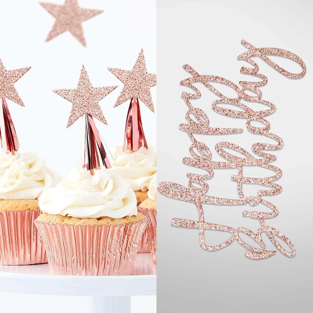 iZoeL 2 Sets Cake Decoration Rose Gold Cake Topper Happy Birthday Banner Confetti Balloon Stars Heart Cake Topper for Women Girls Rose Gold Theme Birthday Party Decor Hen Party