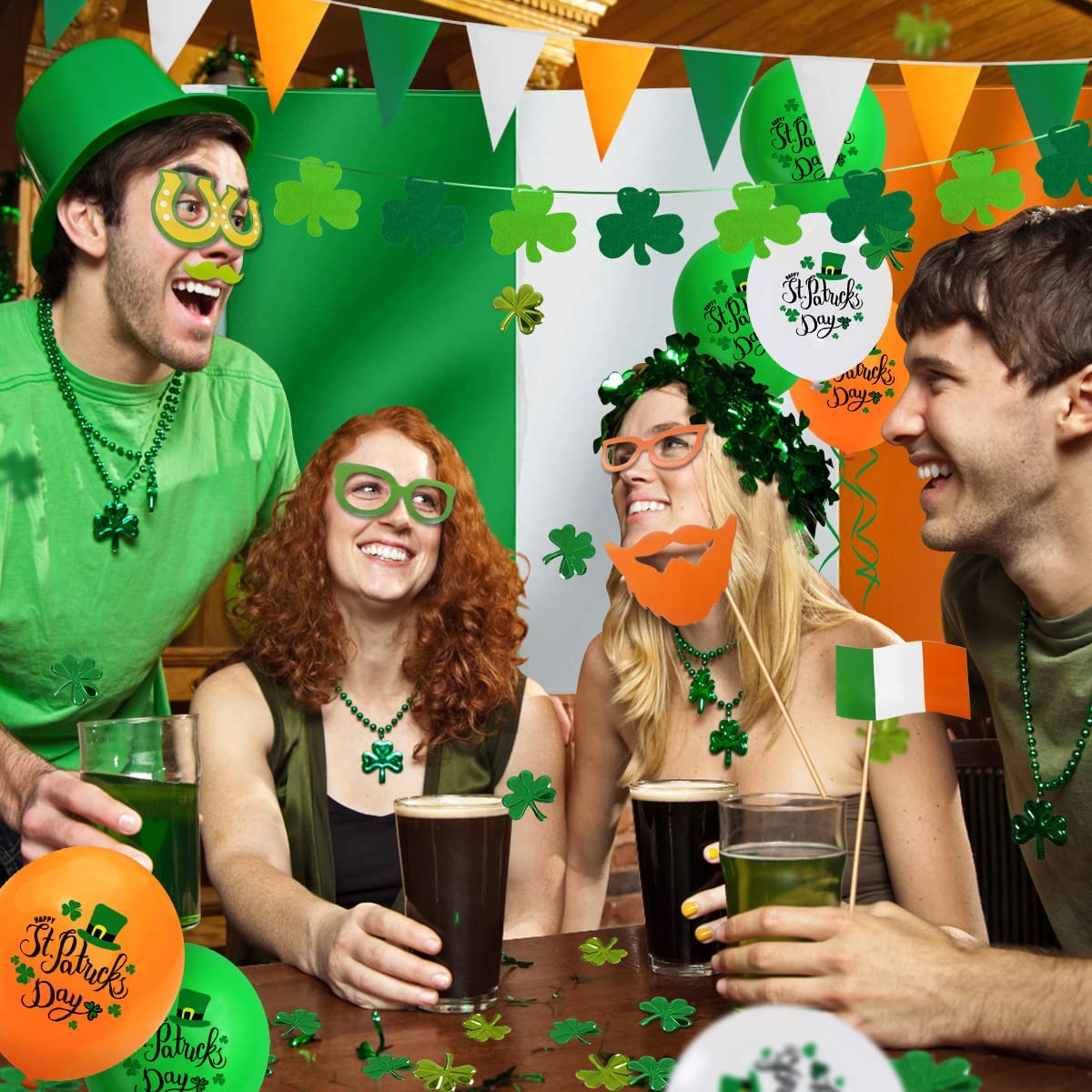 iZoeL St Patricks Day Decorations St Patricks Day Accessories, Irish Flag Bunting St Patricks Day Balloons Photo Booth Props Shamrocks Confetti for Home Bar Irish Paddy's Day Outside Party Decoration