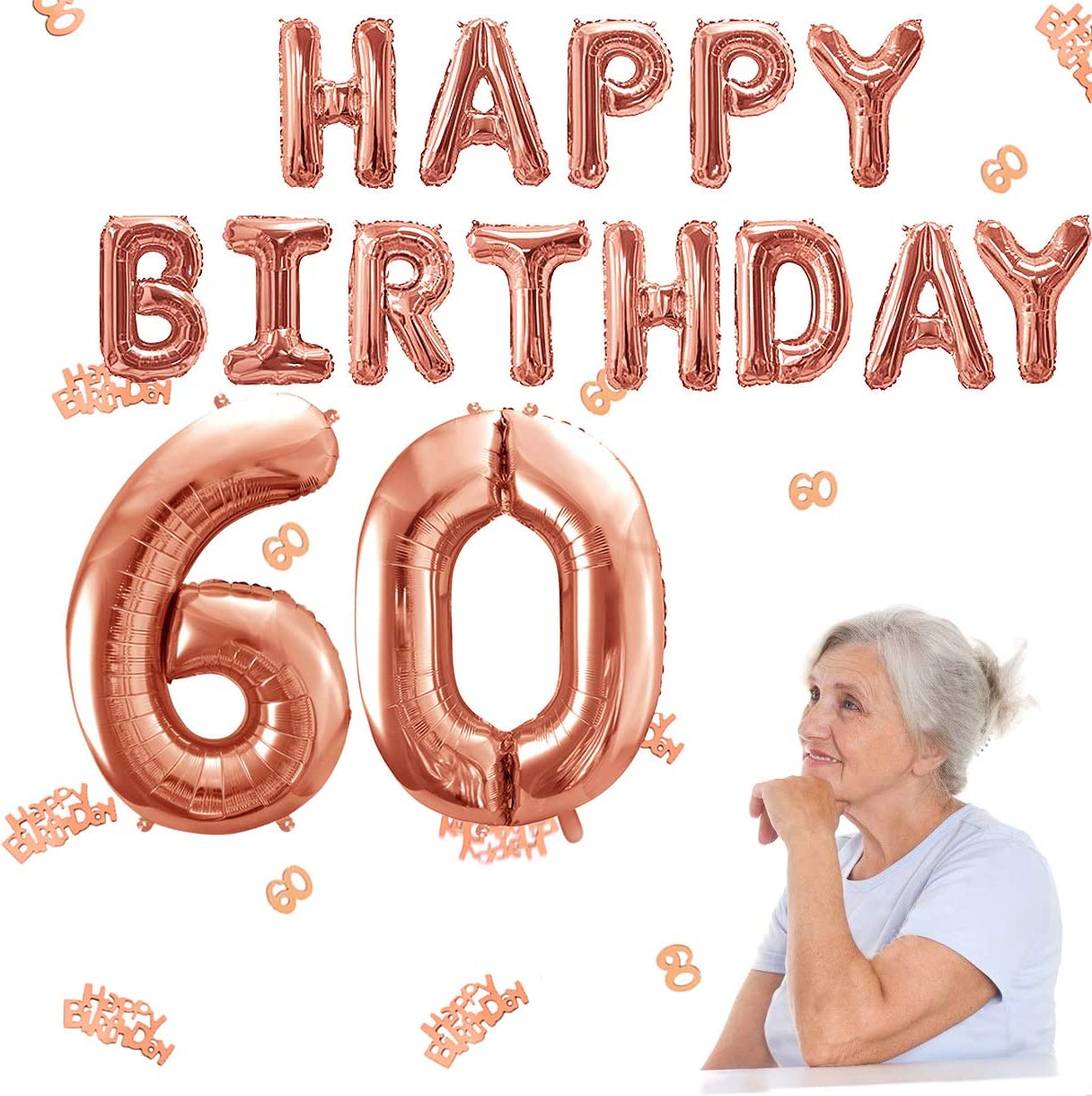 iZoeL 60th Rose Gold Birthday Party Decoration Happy Birthday Banner Helium Number 60 XXL 2 Rose Gold Fringe Curtain Latex Confetti Balloon Table Confetti Girl Women Anniversary