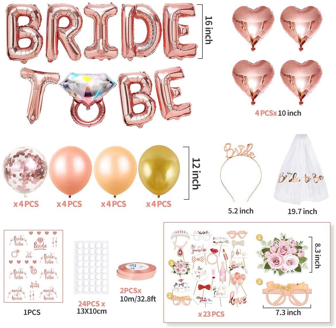 iZoeL Hen Party Decoration, Hen Party Accessories, Rose Gold Bride To Be Banner, Bride To Be Veil, Bride Headband Tiara, Hen Party Photo Booth Props, Tattoos Team Bride, Confetti Balloons - Hen Do