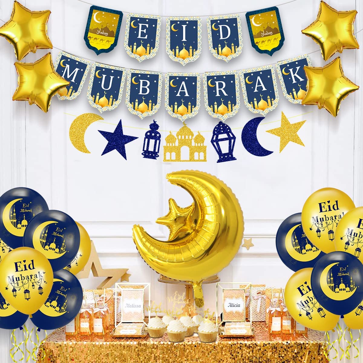 iZoeL Eid Decorations UK with Eid Mubarak Banner, Eid Mubarak Balloons, Eid Mubarak Cake Topper, Eid Mubarak Decorations for Home Set Restaurant Garden - Mubarak UK