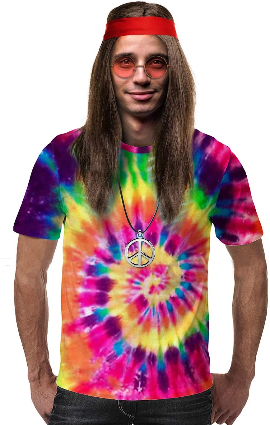 iZoeL Hippie Costume 4 Pieces Hippie Wig Sunglasses Peace Sign Necklace Medallion Headband - 60s 70s Costume Hippie Outfit Carnival Costume Hippy Fancy Dress fits Men Women