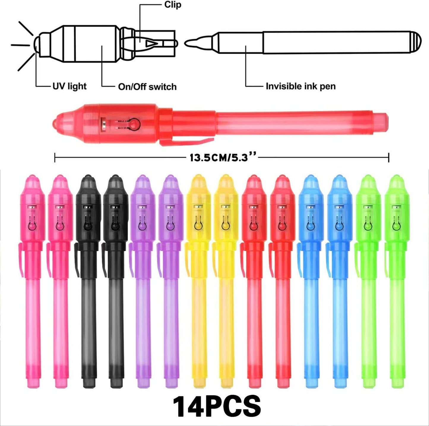 iZoeL 14 secret pen with UV light, invisible writing, Spy Invisible UV Pens detective birthday party accessory Party Bags Filler for Boy Kid Girl Children