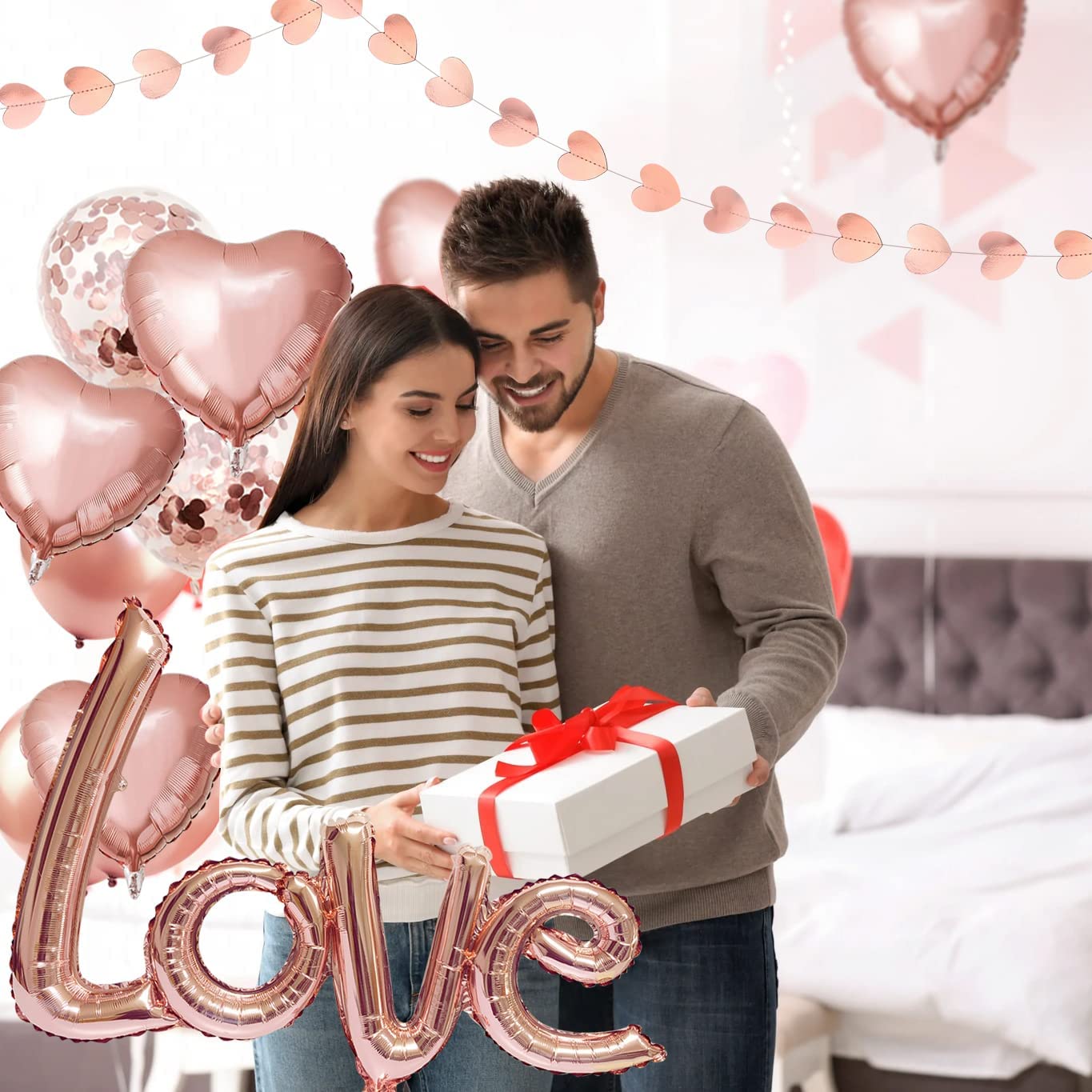 iZoeL Valentines Decorations, Rose Gold Valentines Balloons XXL LOVE Balloon, 6pcs Helium Heart Balloons, Hearts Garland 2m, 12pcs Balloons for Wedding Anniversary Engagement Party (rose gold)