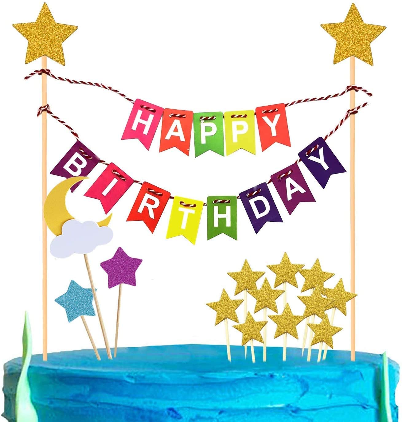iZoeL Rainbow Cake Decorations, Happy Birthday Cake Topper Bunting Banner, Rainbow Moon Gold Star Cupcake Topper for Boy Girl Kid Birthday Baby Shower Party Decoration (multicoloured)