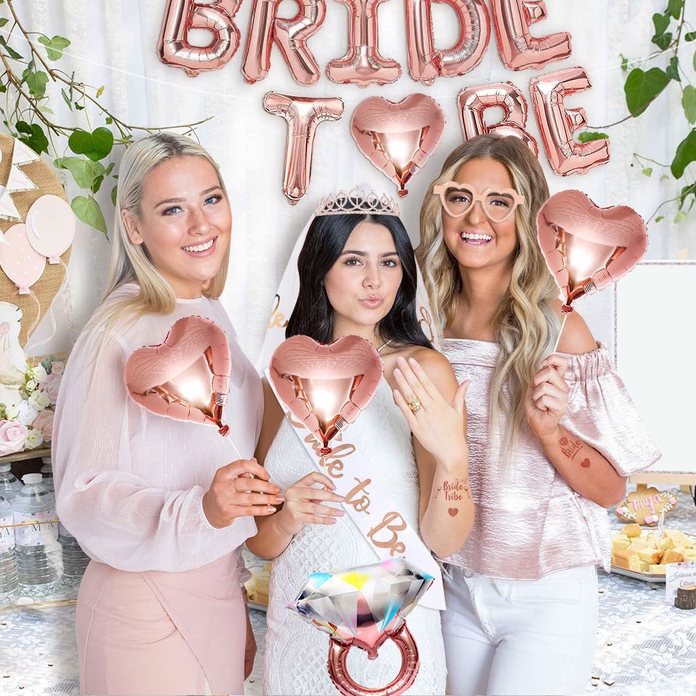 Roll over image to zoom in iZoeL Hen Party Accessories, Bride to Be Sash, Bride to Be Veil, Bride Headband Tiara, Tattoos Team Bride, Rose Gold Bride to Be Banner Balloons - Hen Do Hen Party Decoration