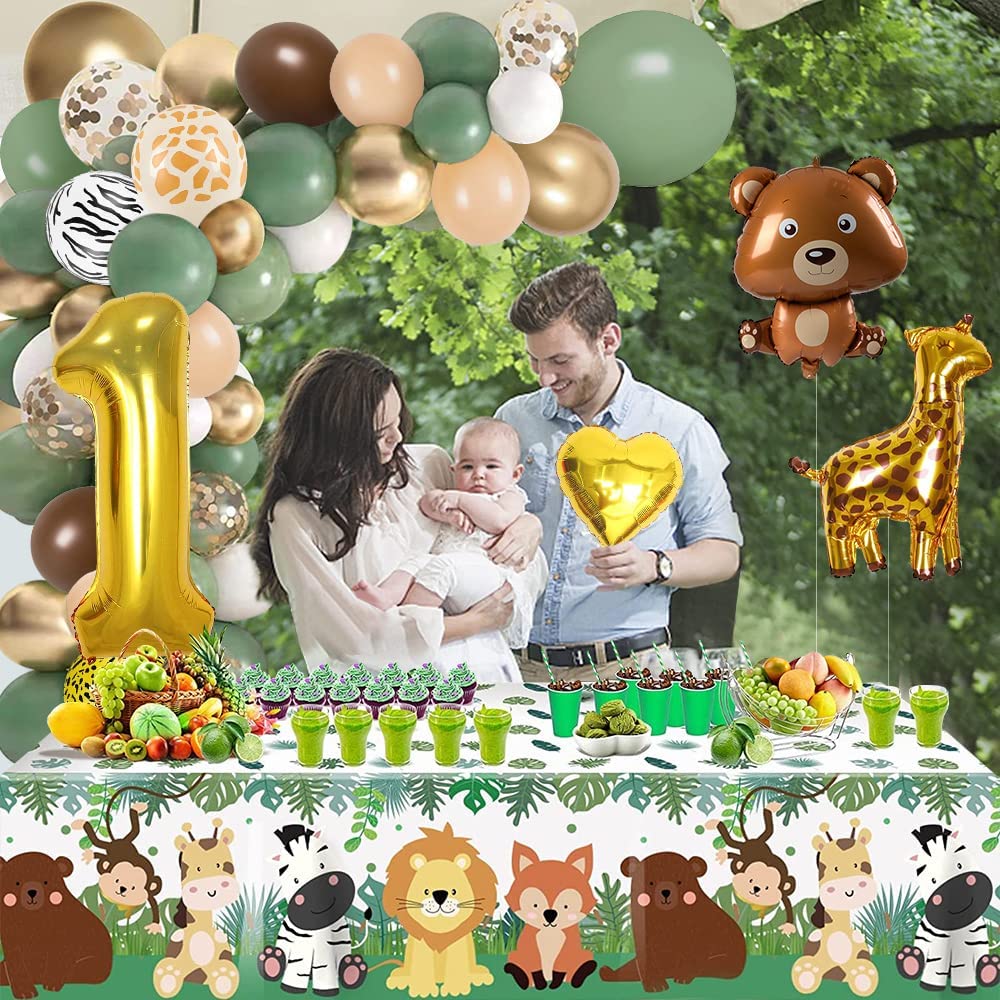 iZoeL 1st Birthday Decorations for Baby Girls Boys 1st Birthday Banner Balloons, Sage Green Balloon Arch Kit, Giraffe Bear Balloons Wild Tablecloth 1st Cake Topper Wild One Animal Birthday Party