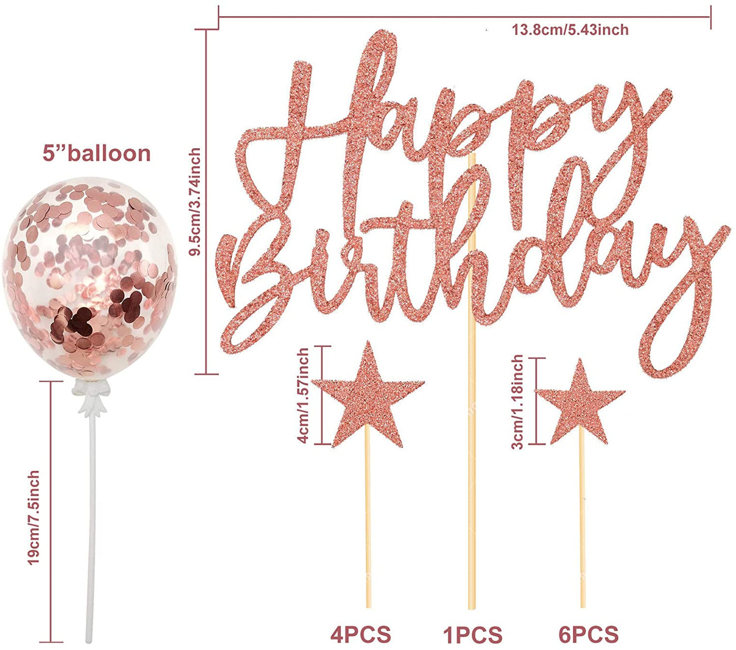 iZoeL Happy Birthday Star Cake Topper Confetti Balloon (red)