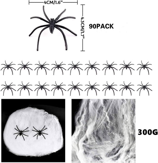 iZoeL 1000sqft Stretchable Spider Web Glow in the Dark with 90pcs Plastic Spider White Cobweb for Halloween Decoration Night Party Decoration - 300 Gram (Night Luminous Spider Web)