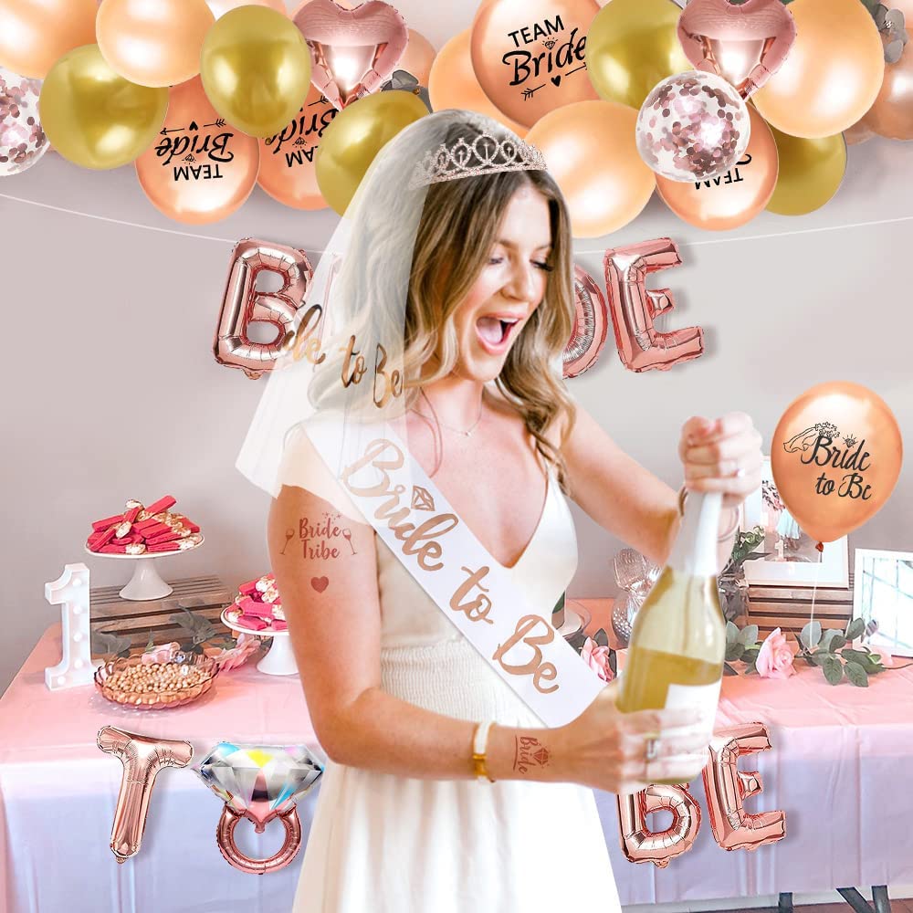 Roll over image to zoom in iZoeL Hen Party Accessories, Bride to Be Sash, Bride to Be Veil, Bride Headband Tiara, Tattoos Team Bride, Rose Gold Bride to Be Banner Balloons - Hen Do Hen Party Decoration