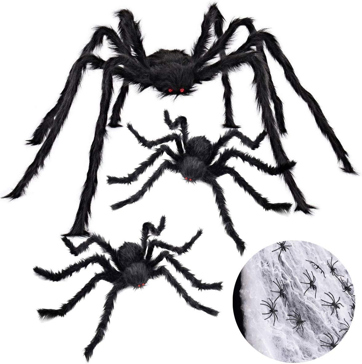 iZoeL Halloween 200cm Giant Spider 75cm Middle Spiders, 40g Spider Cobweb, 30pcs Plastic Spiders, Creepy Fake Spiders Prop Party Supplies for Outdoor Indoor Yard Home Party Decorations (Black)