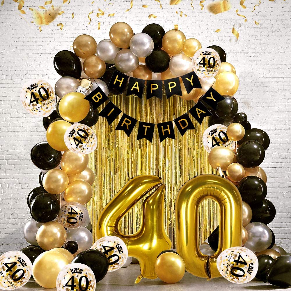 iZoeL 40th Black Gold Birthday Party Decoration, Happy Birthday Banner, Helium Number 40 XXL, 2 Gold Fringe Curtain, Latex Confetti Balloon, Table Confetti for Man Girl Women Anniversary