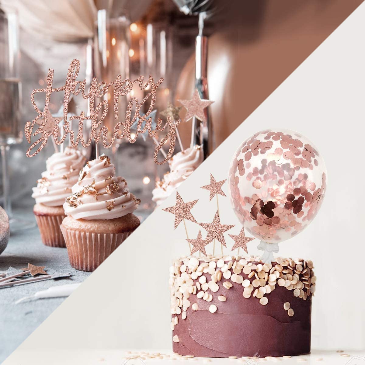 iZoeL Rose Gold Cake Decoration Confetti Balloon Cake Topper 5inch for Women Girls Rose Gold Happy Birthday Banner Stars Heart Cupcake Topper (rose gold)