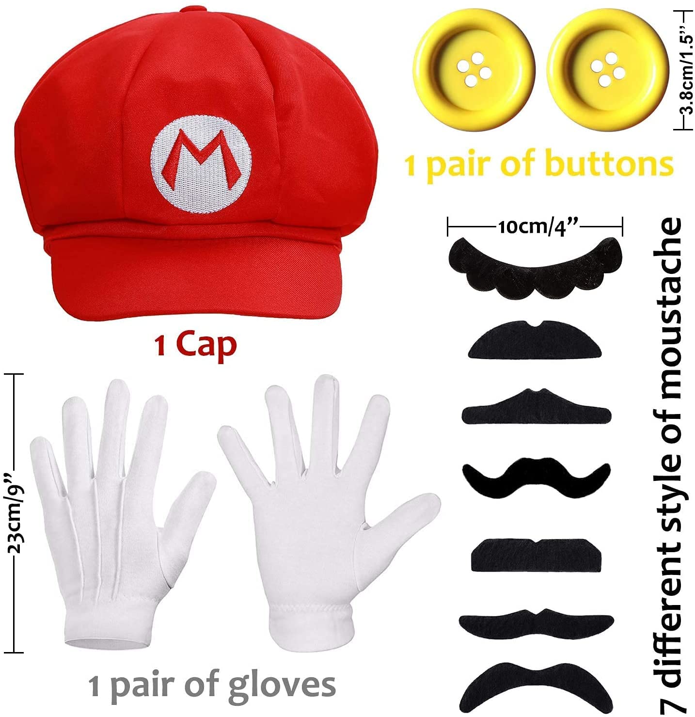iZoeL Super Mario Costume Kit incl. Mario Red Hat + 2x white gloves + 7x mustache + 2x 5cm buttons for Mario Party Character Games Carnival Costume Decoration Adult Man Women Boy Girl kid