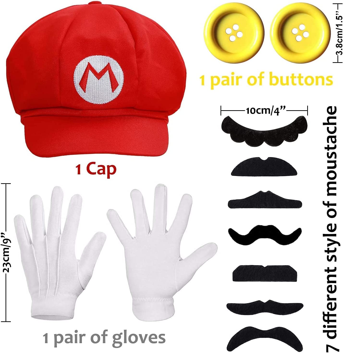 iZoeL Super Mario Costume Kit incl. Mario Red Hat + 2x white gloves + 7x mustache + 2x 5cm buttons for Mario Party Character Games Carnival Costume Decoration Adult Man Women Boy Girl kid