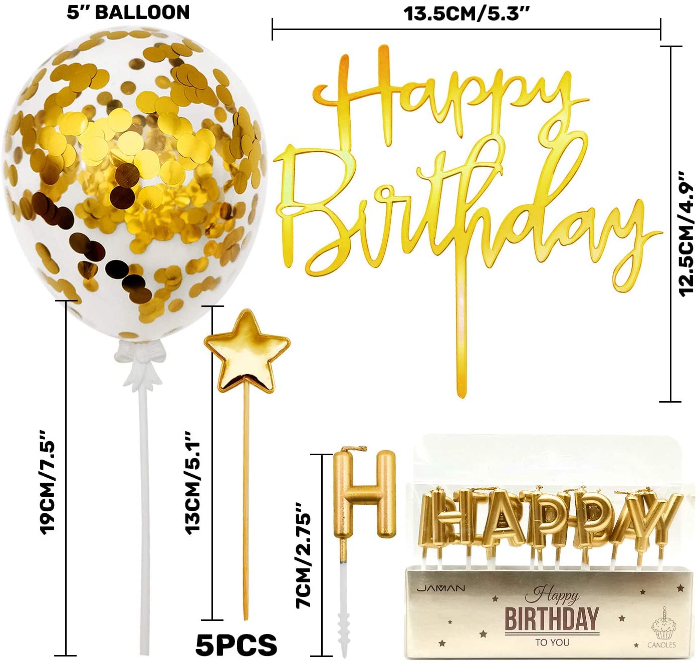 iZoeL Gold Cake Decoration Gold Happy Birthday Candles Happy Birthday Banner Confetti Balloon Stars Cake Topper for Gold Theme Party Decor Girl Kid Women Birthday Party Baby Shower Wedding