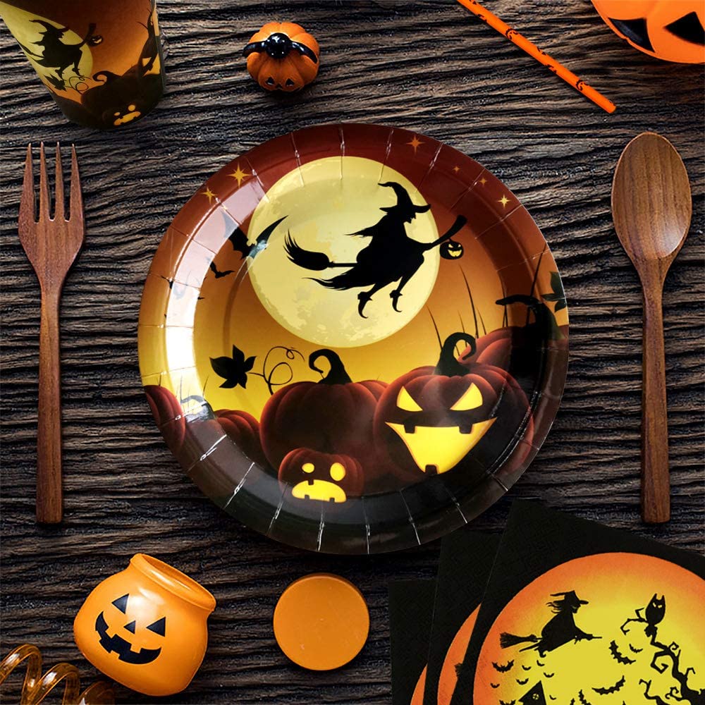 iZoeL Halloween Tableware for 20Guests Witches Banner Paper Plates Napkins Cups Straws - Disposable Dinnerware for Halloween Party Decorations Supplies