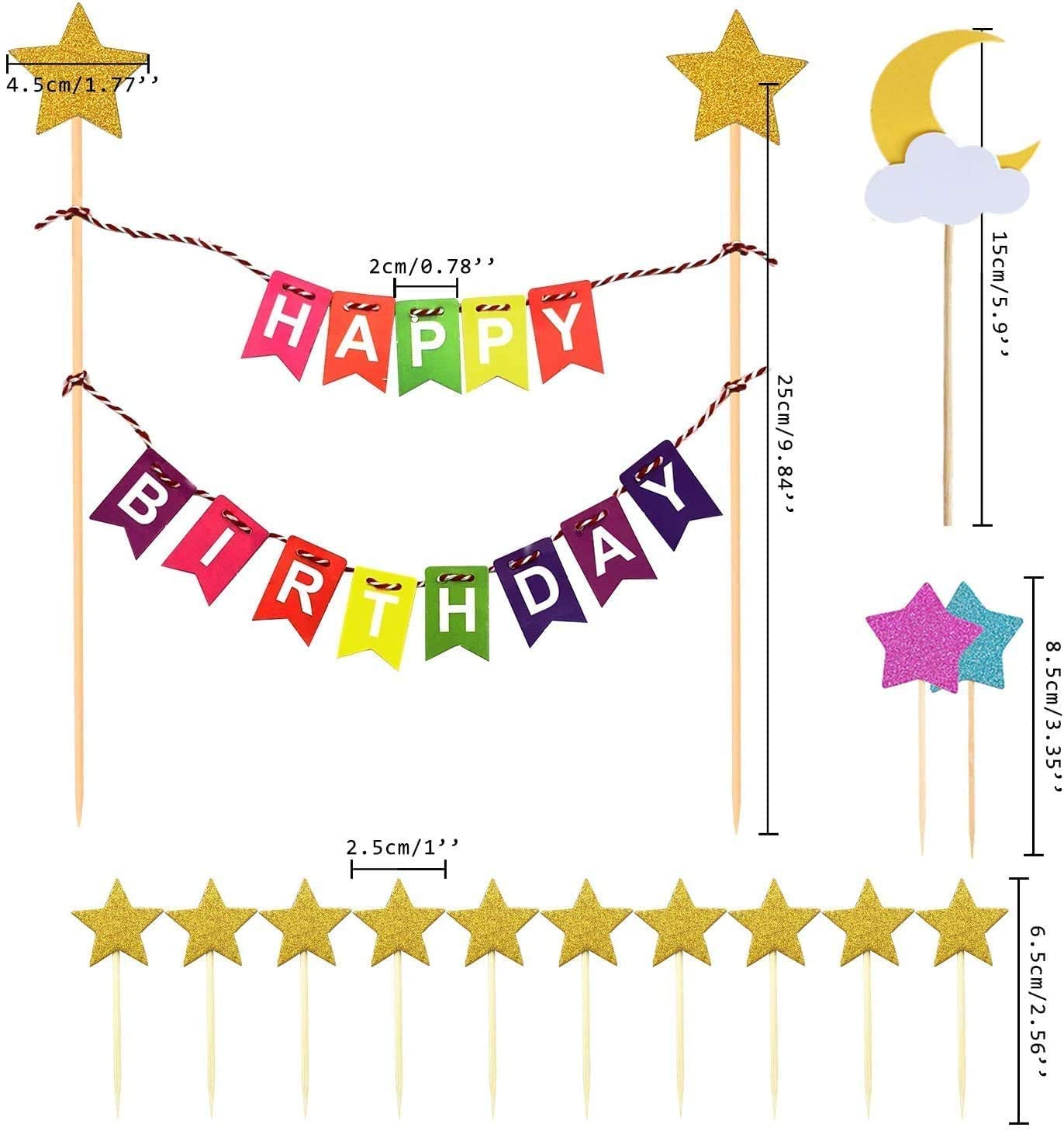 iZoeL Rainbow Cake Decorations, Happy Birthday Cake Topper Bunting Banner, Rainbow Moon Gold Star Cupcake Topper for Boy Girl Kid Birthday Baby Shower Party Decoration (multicoloured)