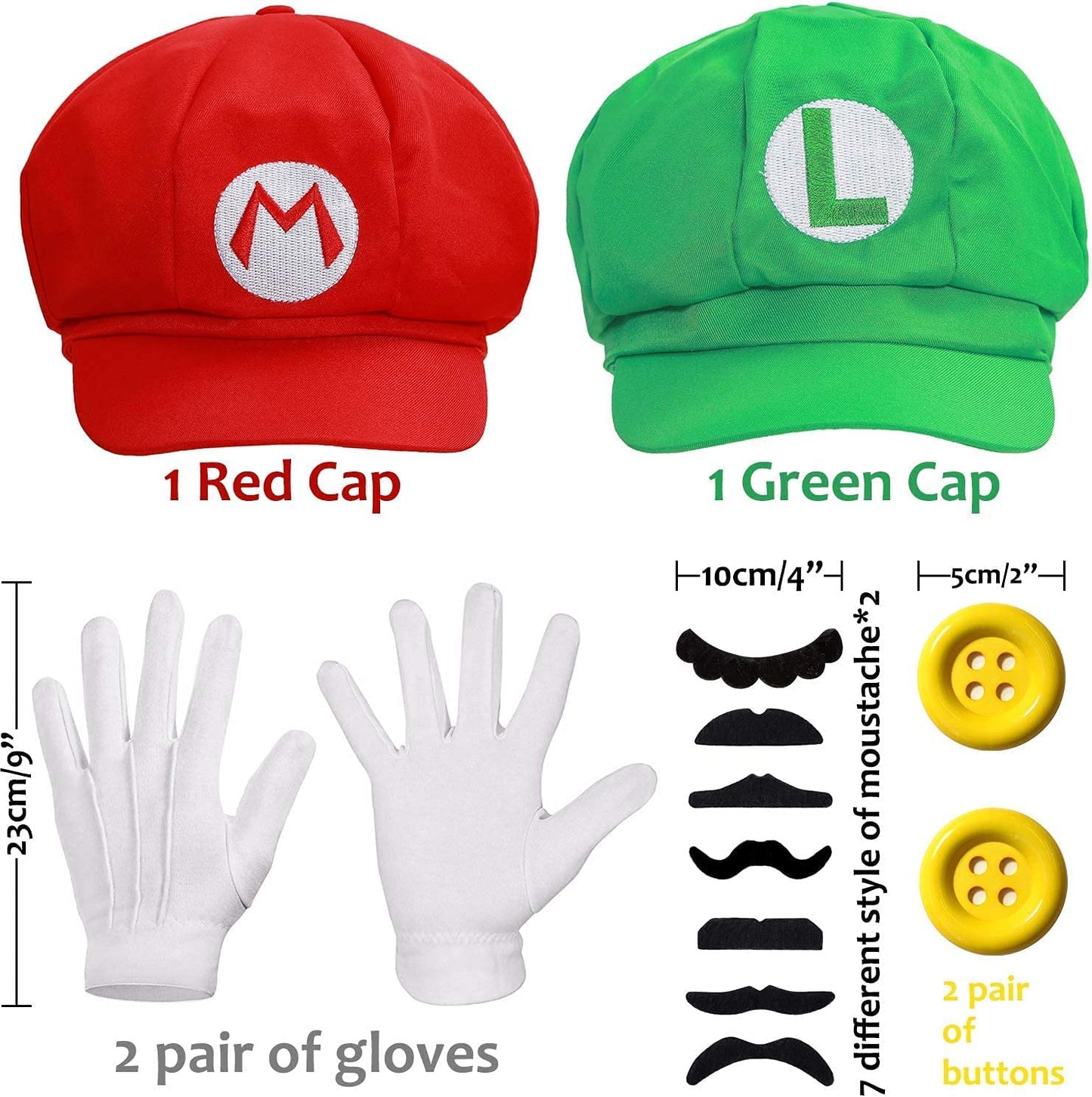 iZoeL Super Mario Luigi Hat Kit incl. Mario Luigi Hat + 4x white gloves + 14x mustache + 4x 5cm buttons for Party Character Games Carnival Decoration Adult Man Women Boy Girl kid