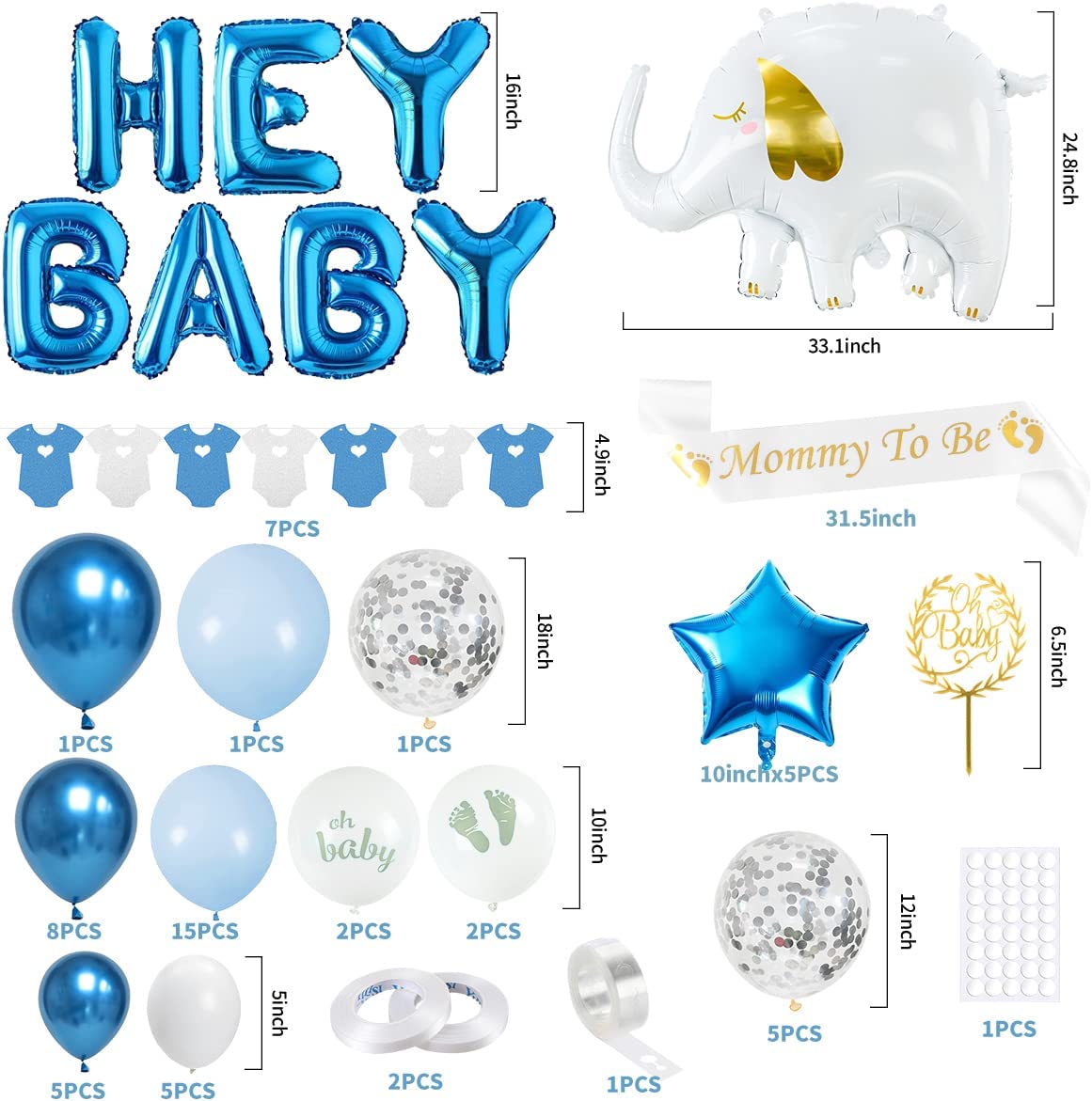 iZoeL Baby Shower Decorations Boy Girl White Blue Baby Shower Decoration Neutral Balloon Arch Kit, Hey Baby Banner Mummy to Be Sash Elephant Balloons Gender Reveal balloons Cake Topper