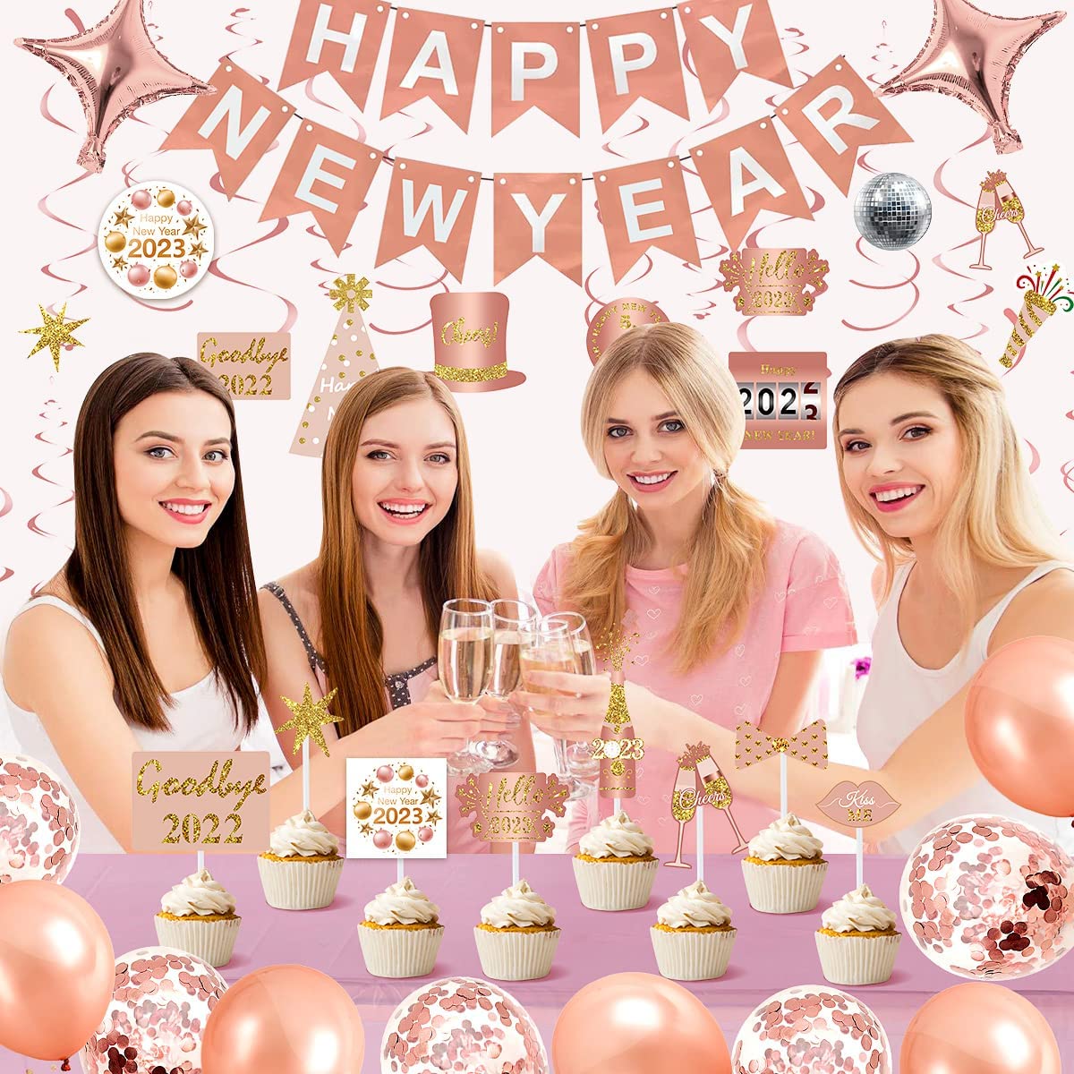 iZoeL New Years Decorations 2023 Eve Party Supplies - Rose Gold 2023 Balloons New Year Hanging Swirl New Year Cake Topper Happy New Year Balloons - 2023 New Years Party Favors