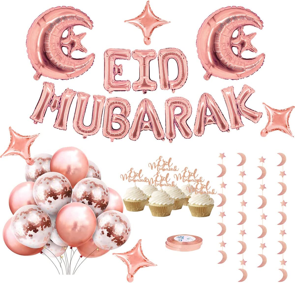 iZoeL EID Mubarak Decorations for Home Eid Decorations UK, Eid Mubarak Balloons Mubarak Banner Eid Cake Topper Moon Star Garland Eid Balloons for Home Restaurant Garden - Rose Gold