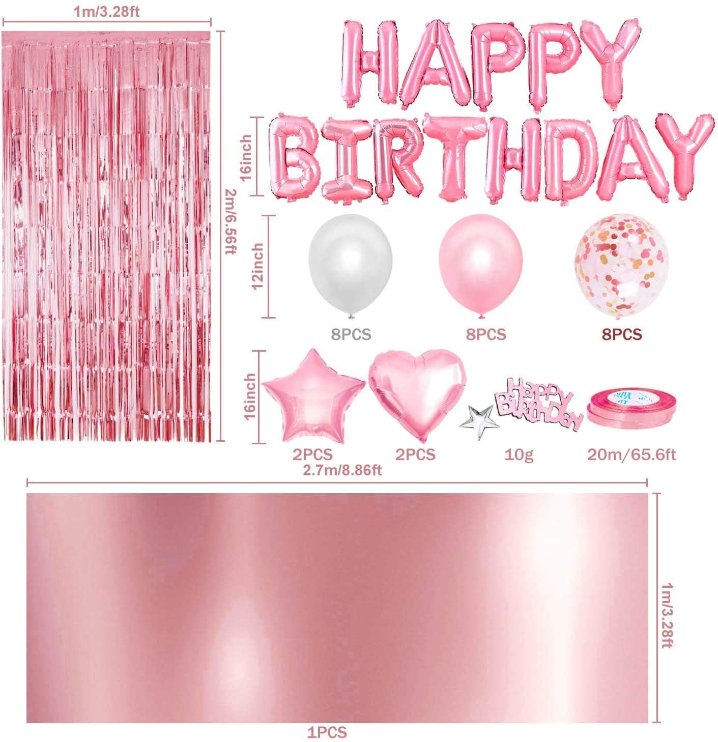 iZoeL Pink Birthday Party Decoration Happy Birthday Banner Pink Fringe Curtain, Foil Tablecloth, Heart Star Foil Confetti Balloons and 10g Table Confetti for Girl Women Birthday Party