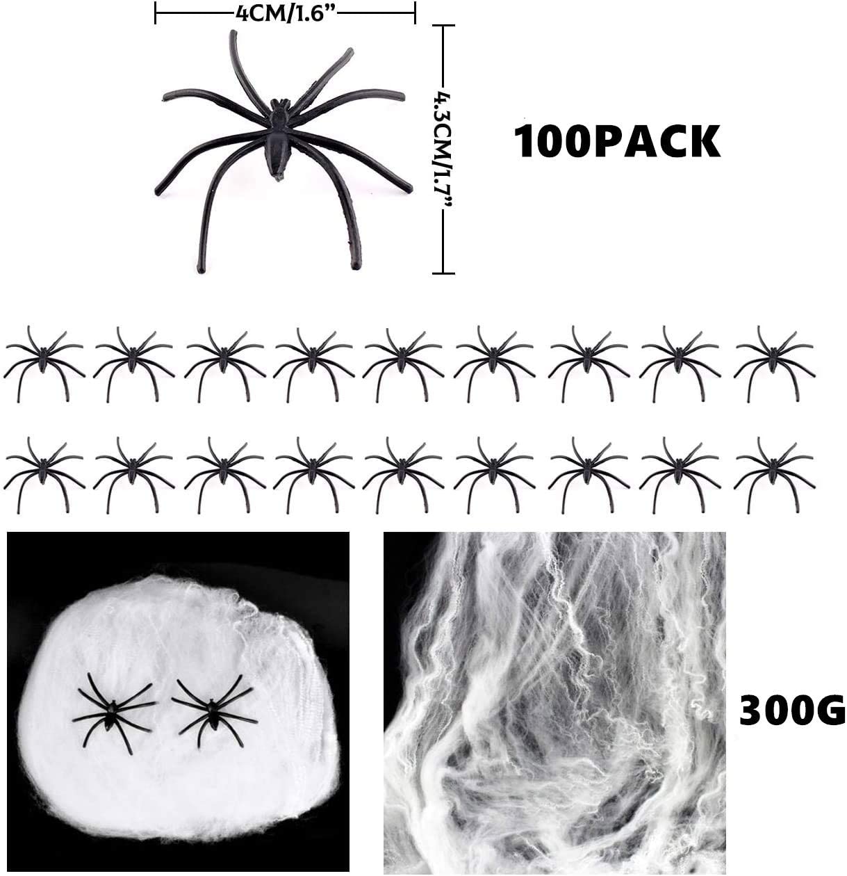 iZoeL 1000sqft Stretchable Spider Web Night Luminous 300g with 100pcs Plastic Spider White Cobweb for Halloween Decoration Night Party Decoration (300g)