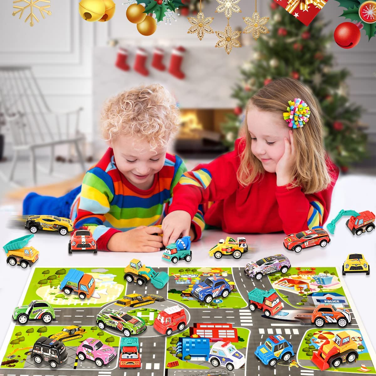 iZoeL Cars Advent Calendar for Kids Boys 2022 Christmas, 24 Mini Pull Back Vehicles Racing Car Construction Vehicles Fire Truck Countdown Days to Christmas for Son Grandson Girls