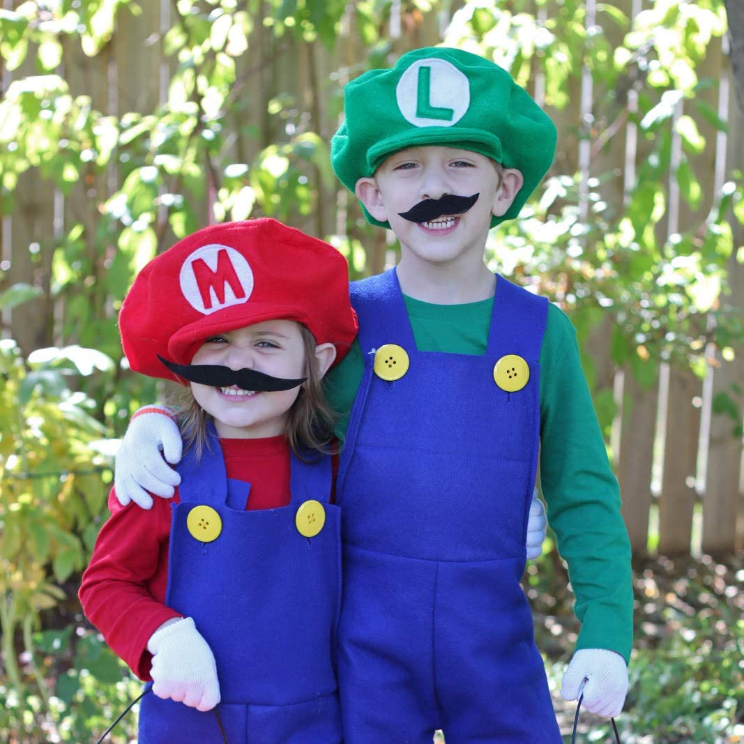 iZoeL Super Mario Luigi Hat Kit incl. Mario Luigi Hat + 4x white gloves + 14x mustache + 4x 5cm buttons for Party Character Games Carnival Decoration Adult Man Women Boy Girl kid