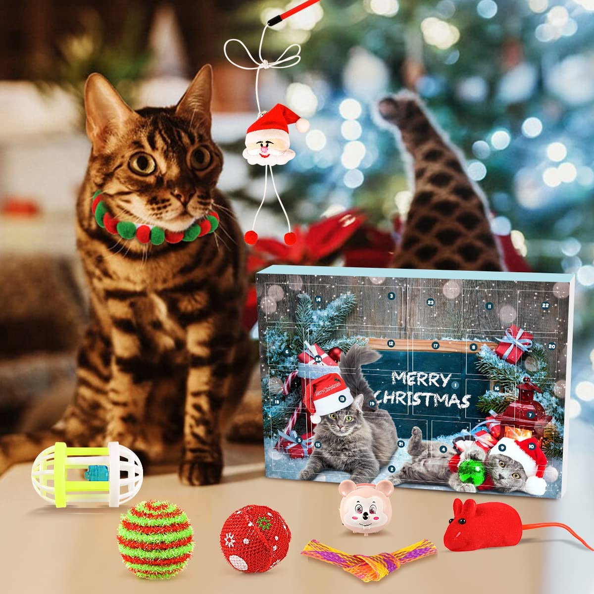 iZoeL Cat Advent Calendar 2022, 24 Pcs Interactive Cat Toys for Indoor Cats - Christmas Cat Collars Cat Bow Tie Feather Toys for Cats, Fish Fake Mouse Bell Balls for Cat