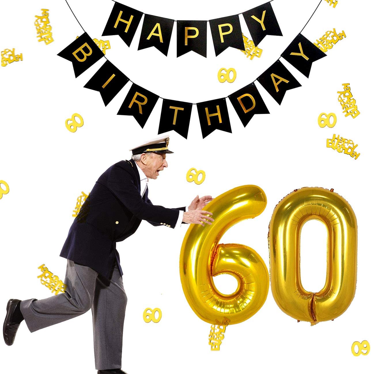 iZoeL 60th Black Gold Birthday Party Decoration, Happy Birthday Banner Helium Number 60 XXL 2 Gold Fringe Curtain Latex Confetti Balloon Table Confetti for Man Boy Girl Women Anniversary