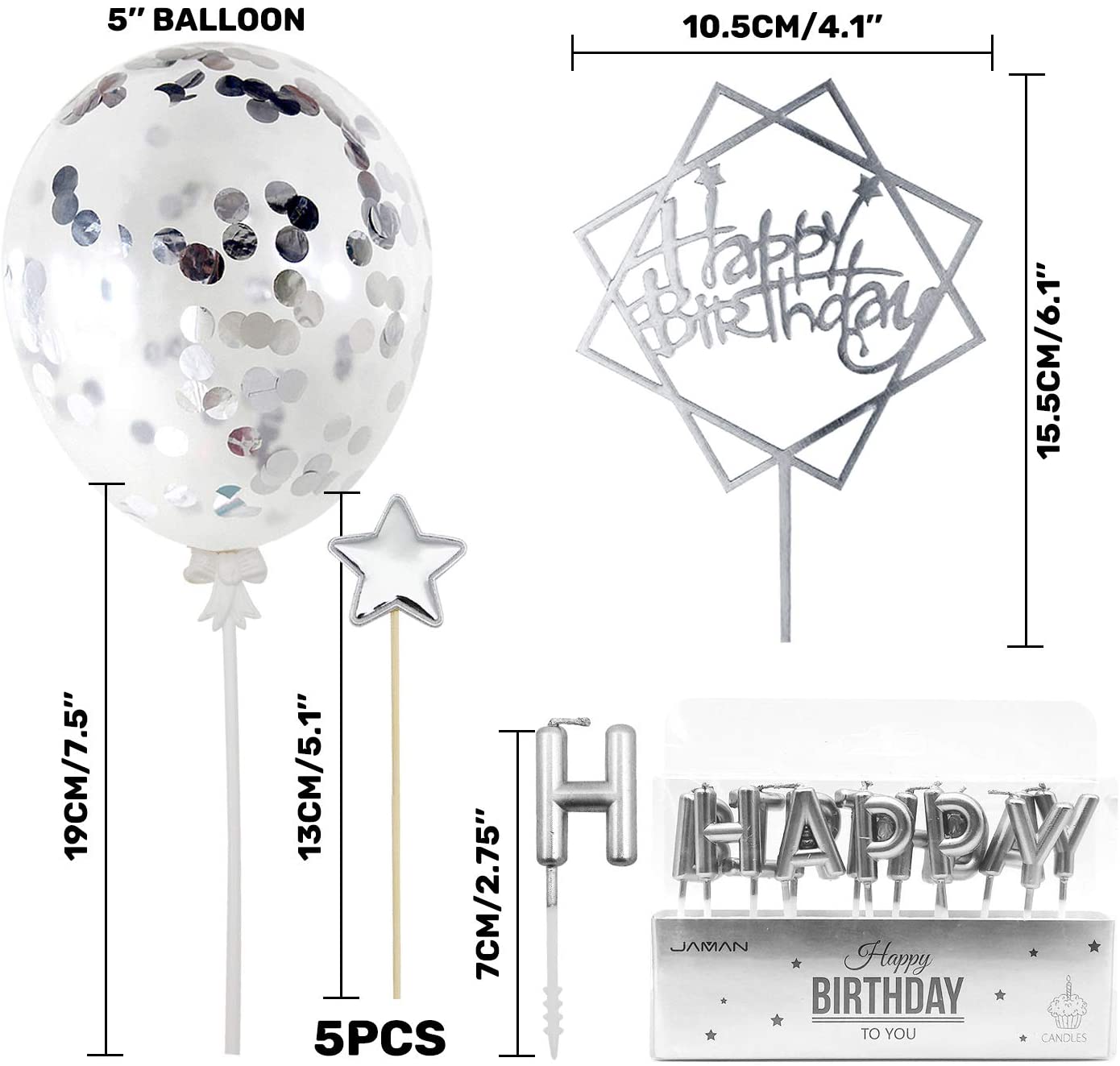 iZoeL Silver Cake Decoration Silver Happy Birthday Candles Happy Birthday Banner Confetti Balloon Stars Cake Topper For Silver Theme Party Decor Girl Kid Women Birthday Party Baby Shower Anniversary