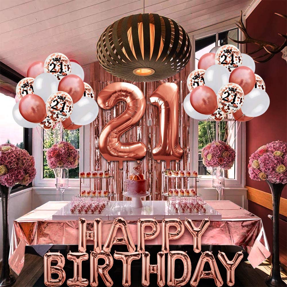 iZoeL 21th Rose Gold Birthday Party Decoration Happy Birthday Banner Helium Number Balloon 21 XXL, 2 Rose Gold Fringe Curtain Latex Confetti Balloon Table Confetti Girl Women Anniversary