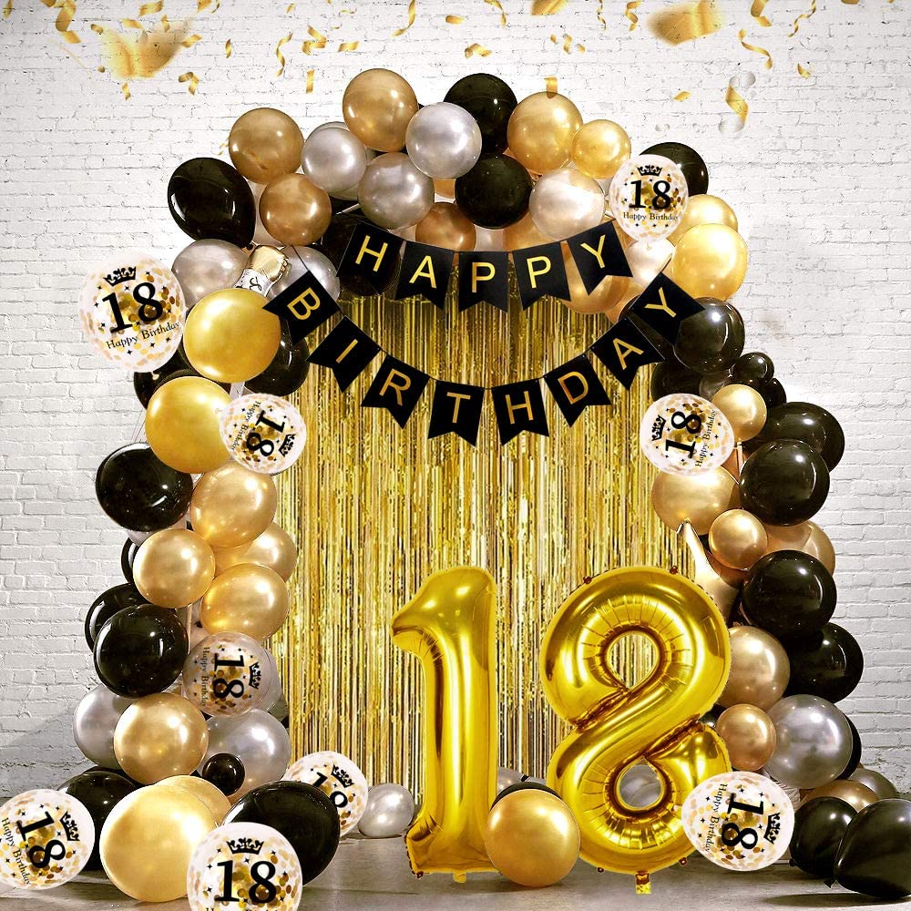 iZoeL 18th Black Gold Birthday Party Decoration, Happy Birthday Banner, Helium Number 18 XXL, 2 Gold Fringe Curtain, Latex Confetti Balloon, Table Confetti for Man Girl Women Anniversary