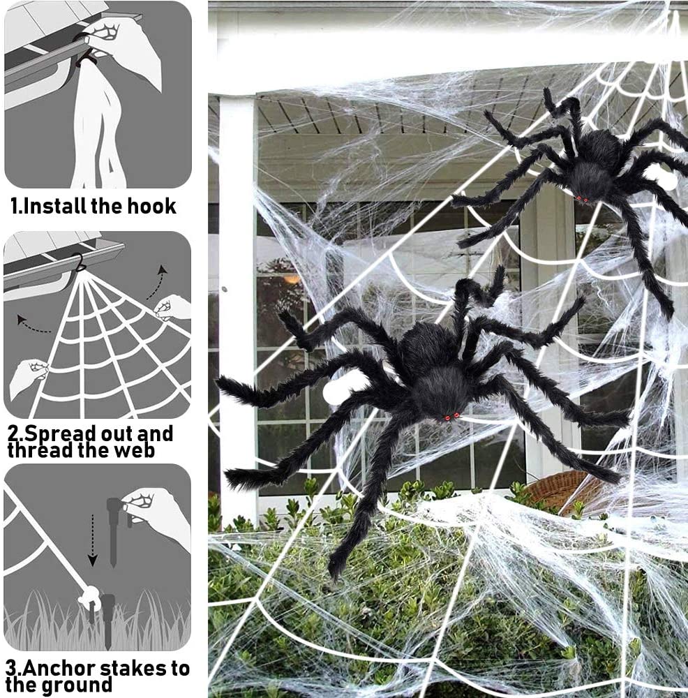 iZoeL 2pcs Giant Spider 75cm, Triangular Cobweb 5m*4.8m, Plastic Spiders 30pcs, Spider Web 40g for Halloween Decorations Indoor Outdoor Home Yard (Black cobweb + spider + 40g spider web)