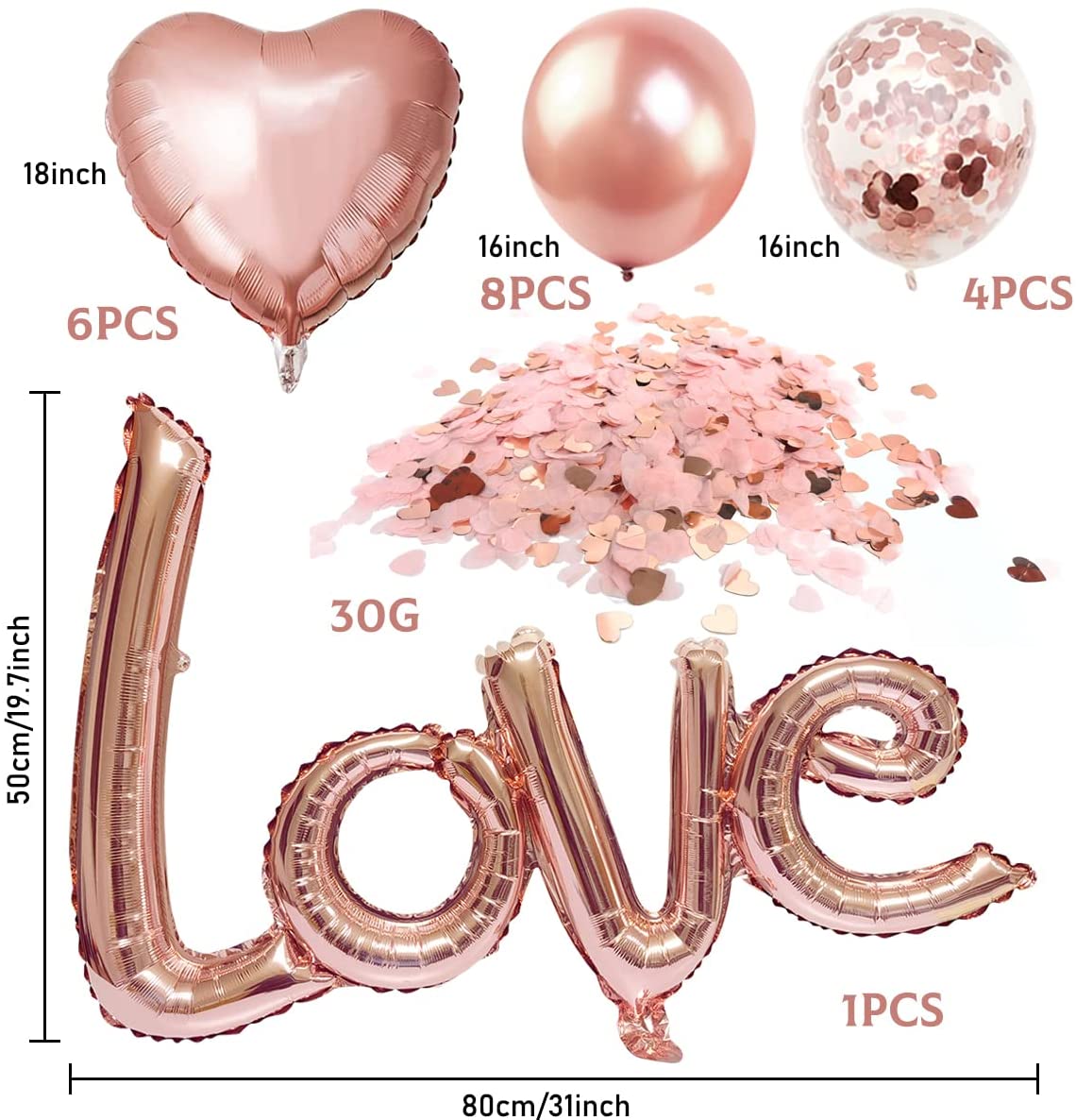 iZoeL Valentines Decorations, Rose Gold Valentines Balloons XXL LOVE Balloon, 6pcs Helium Heart Balloons, Heart Confetti 3000pcs, 12pcs Balloons for Wedding Anniversary Engagement Party