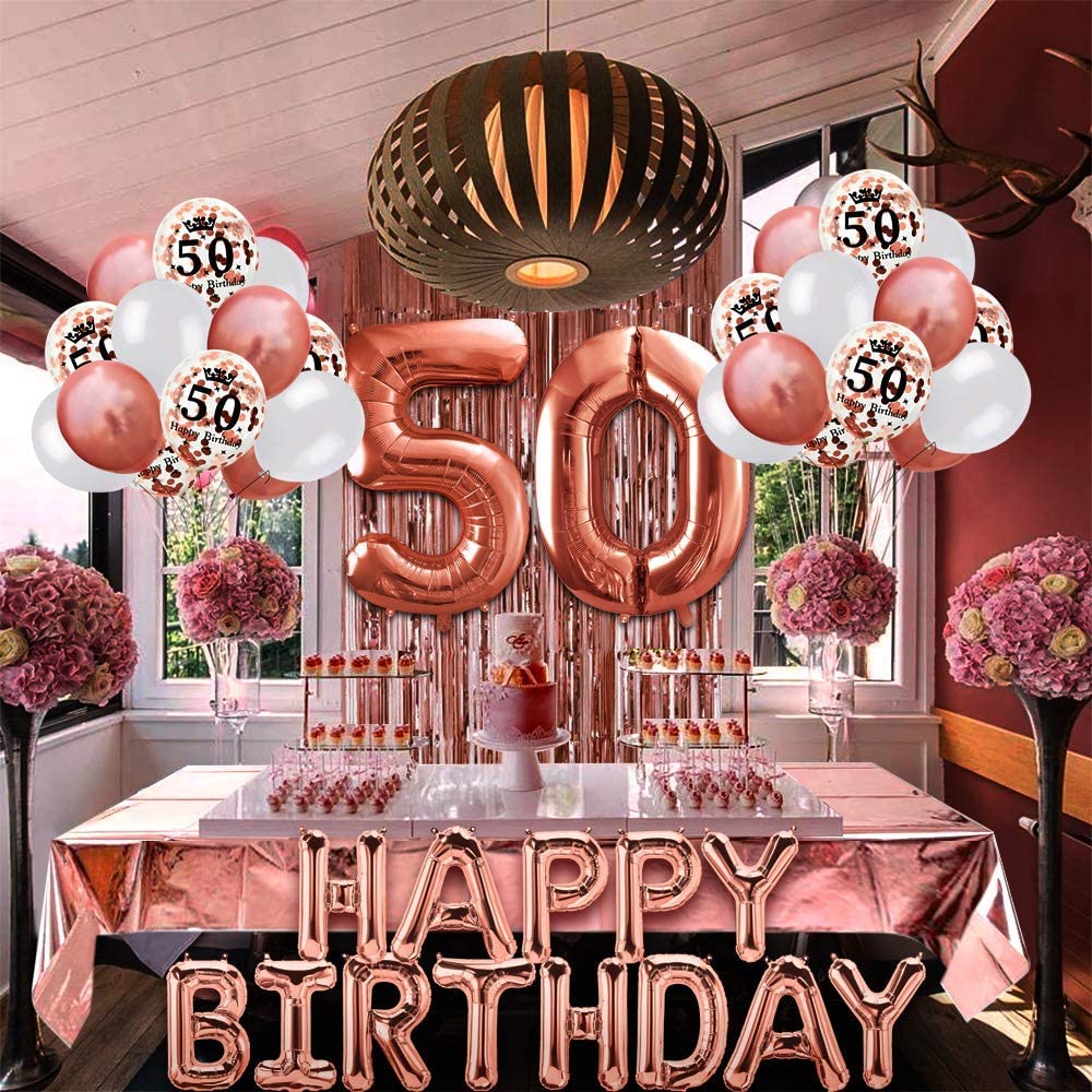 iZoeL 50th Rose Gold Birthday Party Decoration Happy Birthday Banner Helium Number Balloon 50 XXL, 2 Rose Gold Fringe Curtain Latex Confetti Balloon Table Confetti Girl Women Anniversary
