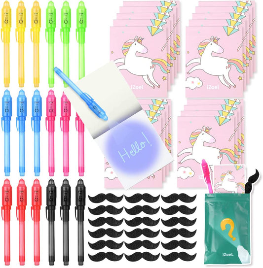 iZoeL 10 Invisible Ink Pen Secret Pen 10 Notebook 10 mustache, Unicorn Invisible Writing with UV Light, Invisible UV Pens Detective Birthday Pinata Party Bags Filler School Prize