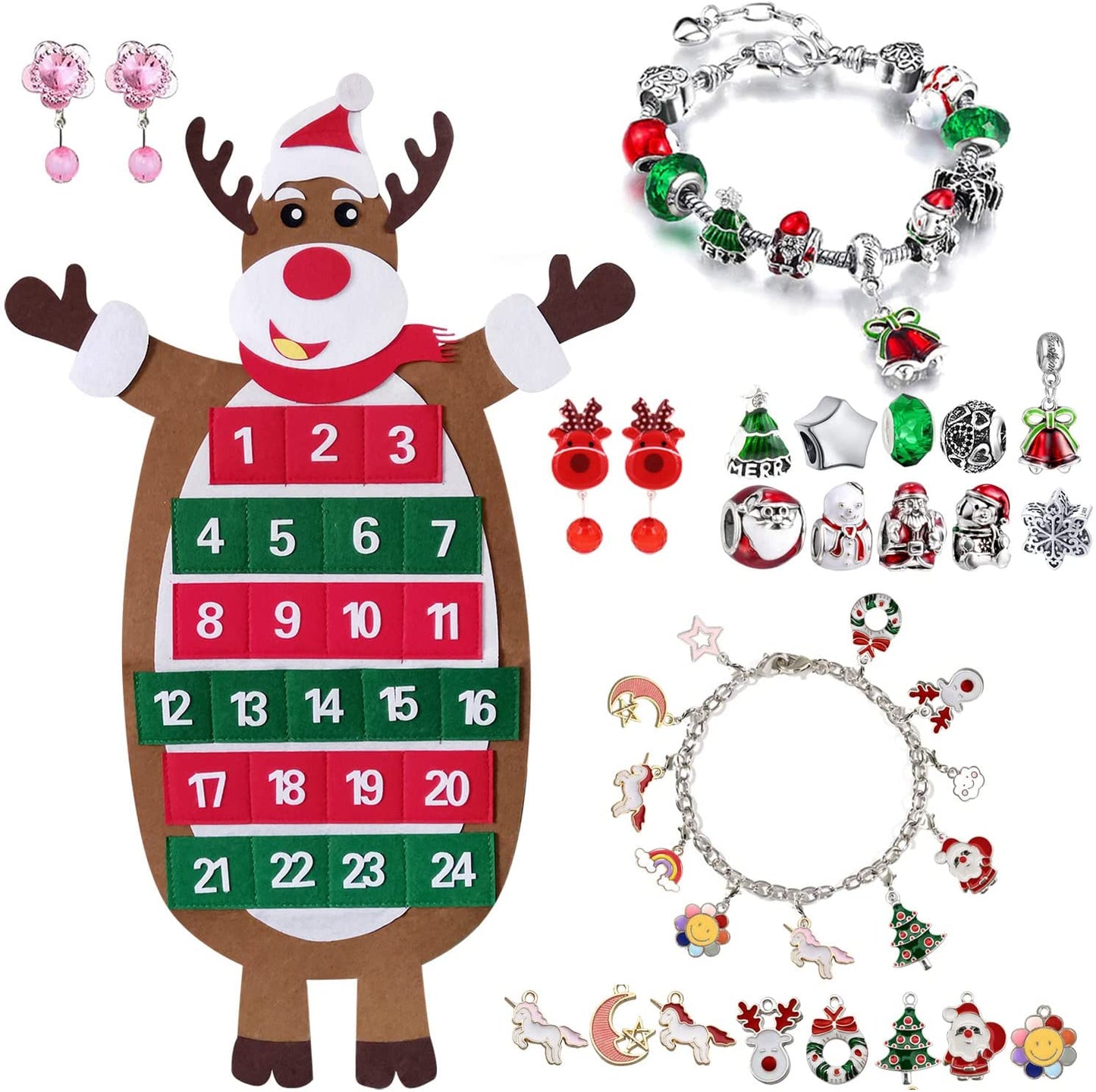 iZoeL Advent Calendar Jewellery 2021 for Girls Kids, 24 Felt Elk Bracelets Charms Earings for Daughter Niece Sister Granddaughter - Traditional Advent Calendar (Plastic)