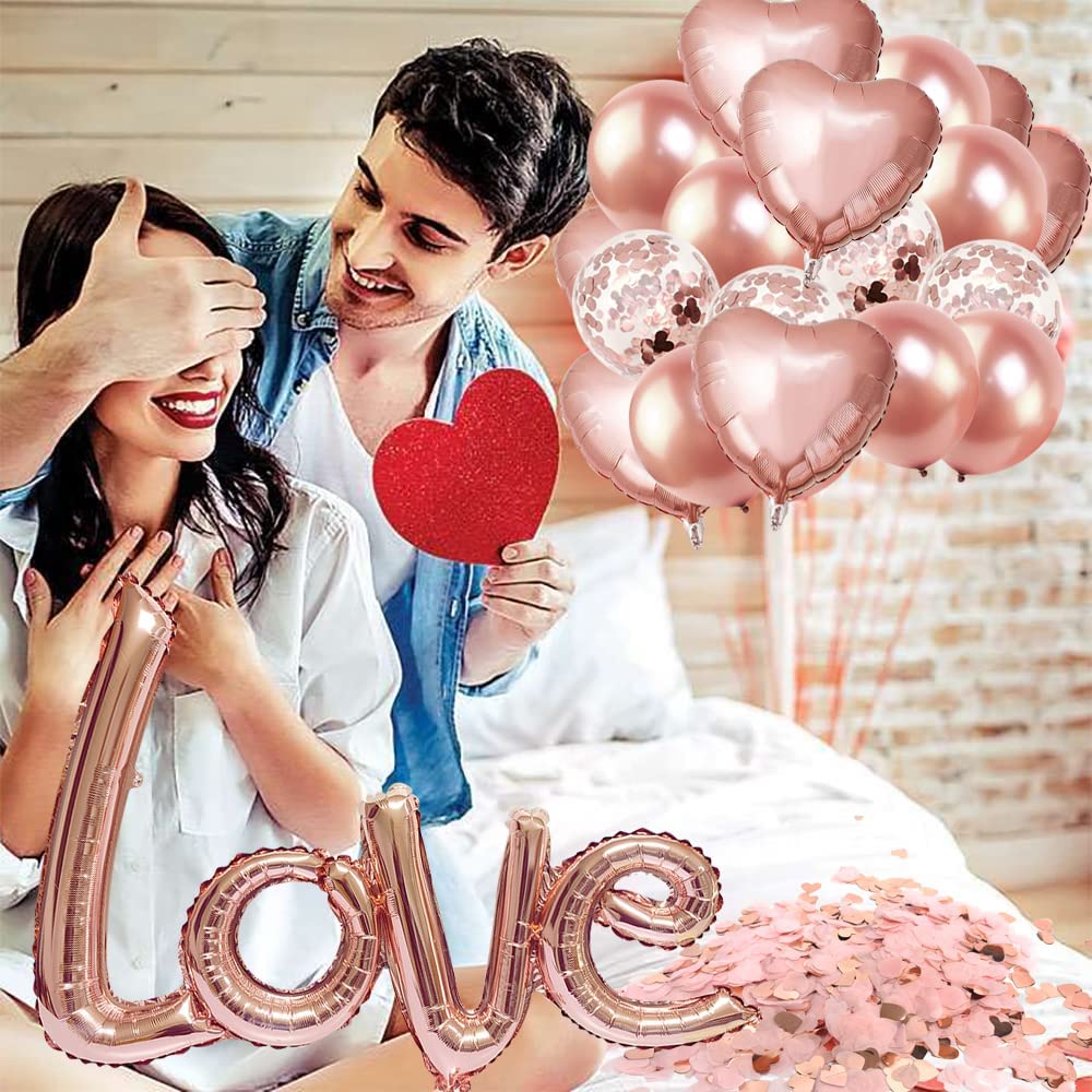 iZoeL Valentines Decorations, Rose Gold Valentines Balloons XXL LOVE Balloon, 6pcs Helium Heart Balloons, Heart Confetti 3000pcs, 12pcs Balloons for Wedding Anniversary Engagement Party