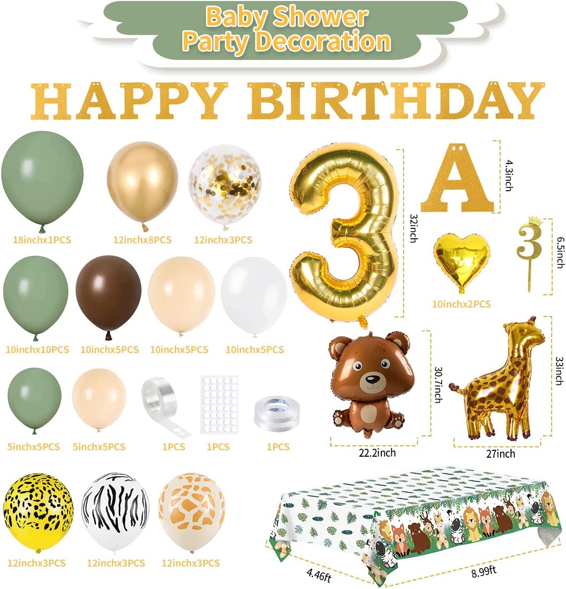 iZoeL 3rd Birthday Decorations for Baby Girls Boys 3 Birthday Banner Balloons, Sage Green Balloon Arch Kit, Giraffe Bear Balloons Wild Tablecloth 3rd Cake Topper Wild Two Animal Birthday Party