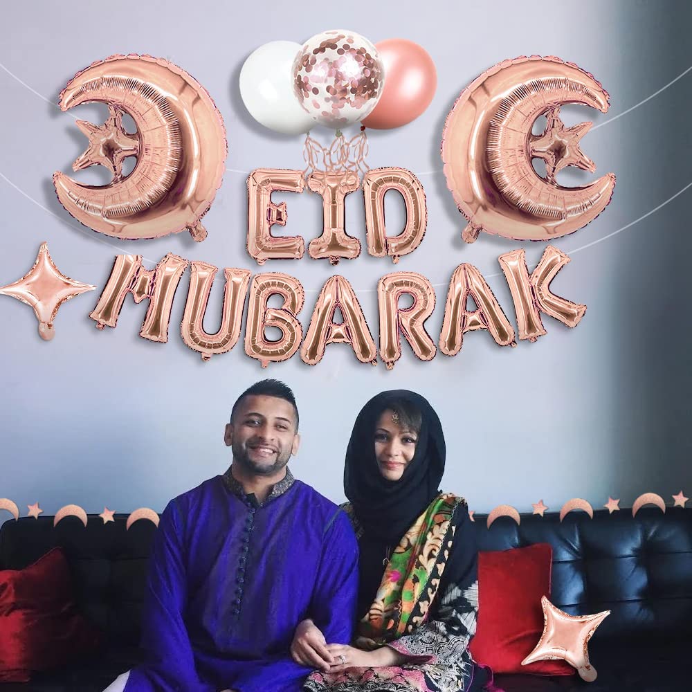 iZoeL EID Mubarak Decorations for Home Eid Decorations UK, Eid Mubarak Balloons Mubarak Banner Eid Cake Topper Moon Star Garland Eid Balloons for Home Restaurant Garden - Rose Gold