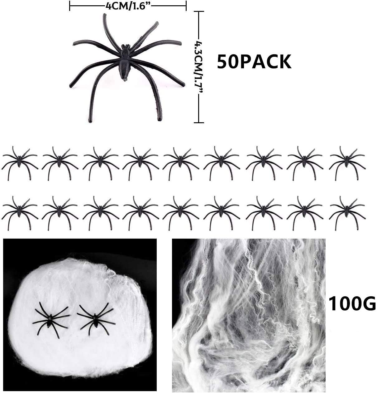 iZoeL 300sqft Stretchable Spider Web Night Luminous 100g with 50pcs Plastic Spider White Cobweb for Halloween Decoration Night Party Decoration (100 Gram)