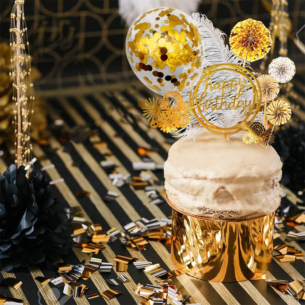 iZoeL Gold Birthday Cake Decoration Happy Birthday Cake Topper Paper Fans Banner Confetti Balloon Fireworks Golden Cupcake Topper for Gold Theme Party Decor Girl Boy Kid Women Man (Gold)