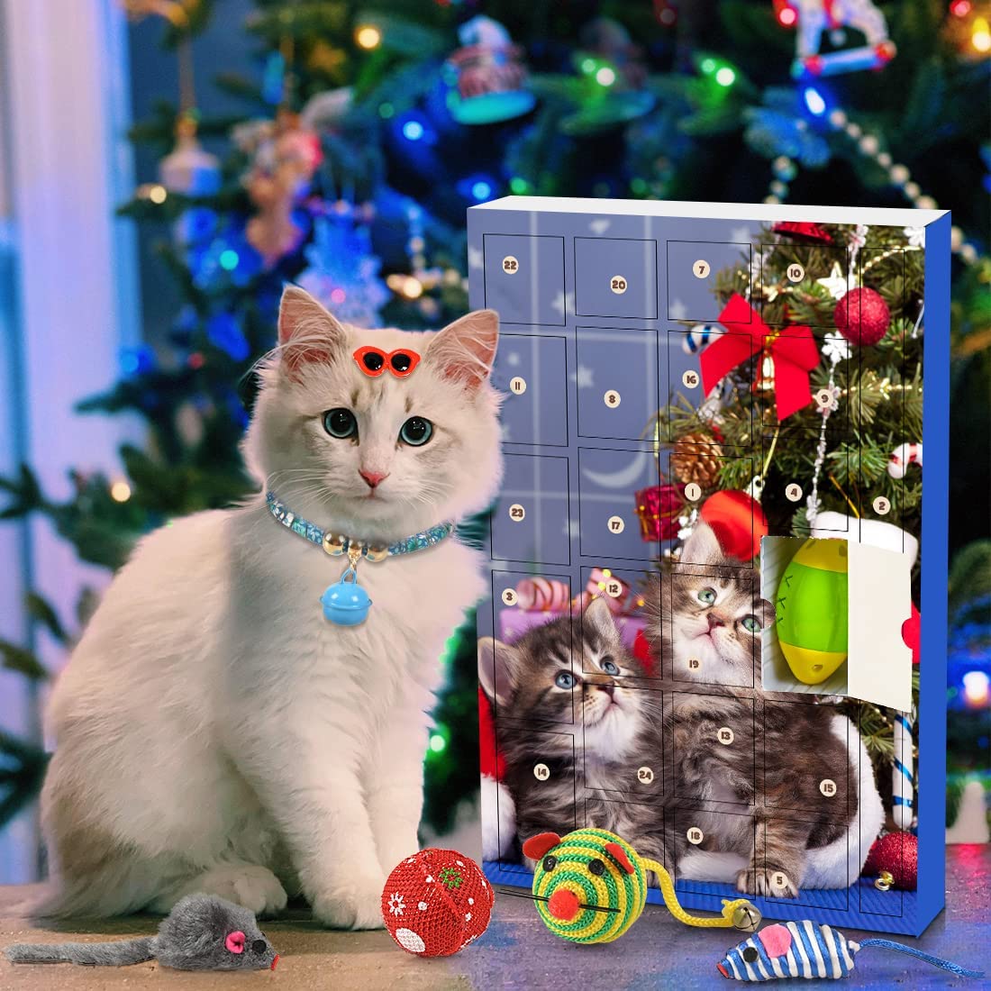 iZoeL Cat Advent Calendar 2022, 24Pcs Interactive Cat Toys for Indoor Cats - Christmas Cat Collars Cat Bow Tie Feather Toys for Cats, Fish Fake Mouse Bell Balls for Cat Christmas Gifts