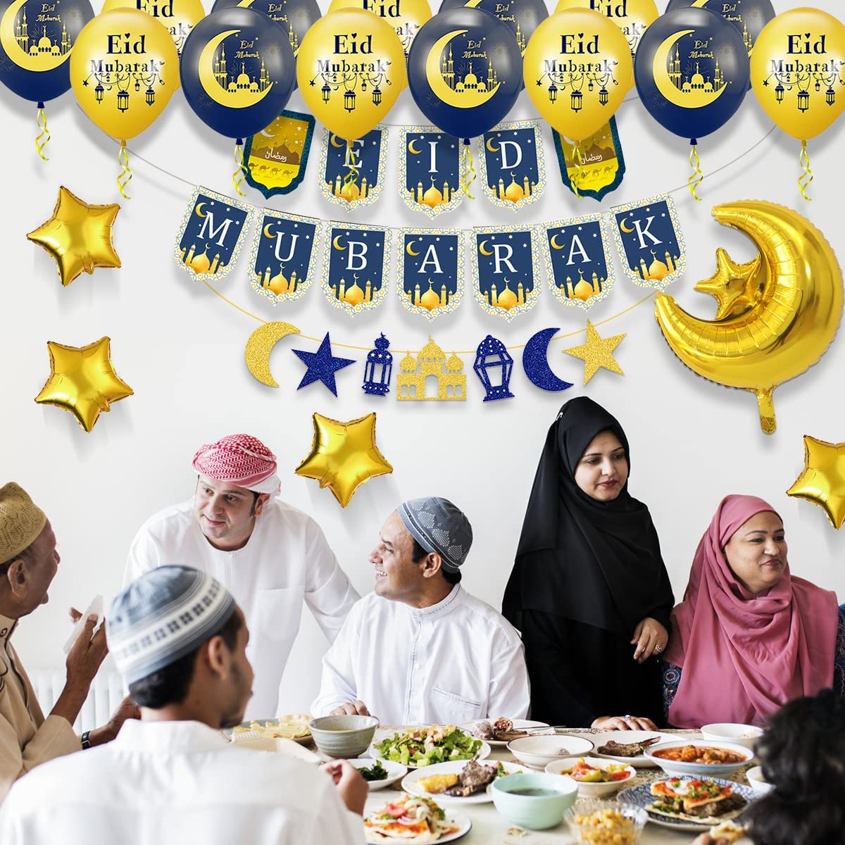 iZoeL Eid Decorations UK with Eid Mubarak Banner, Eid Mubarak Balloons, Eid Mubarak Cake Topper, Eid Mubarak Decorations for Home Set Restaurant Garden - Mubarak UK