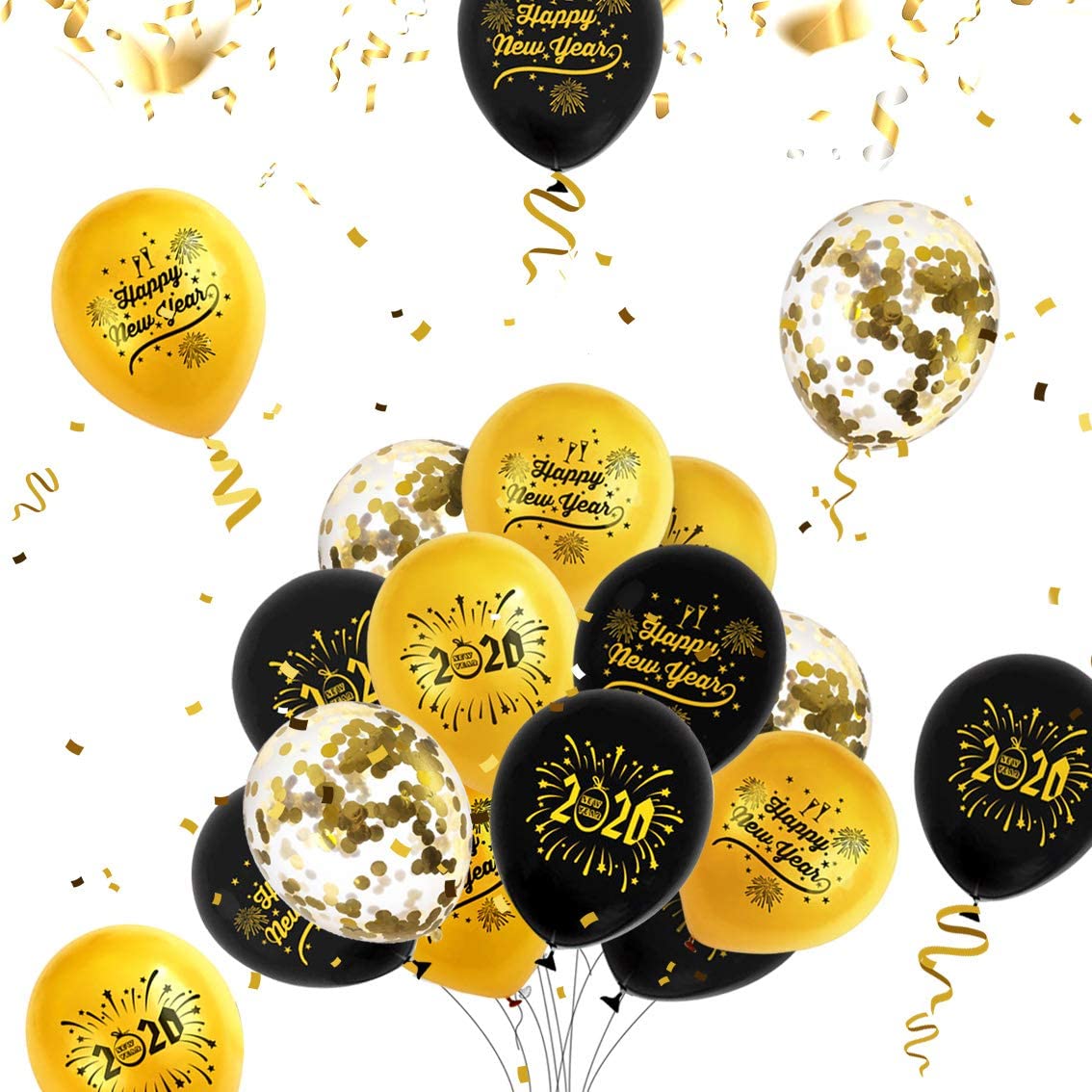 iZoeL Happy New Year Balloon 2021 XXXL Set, Black Gold Happy New Year Banner, Gold Fringe Curtain, Foil Helium Confetti Balloons Number Star Bottle Champagne for New Year's Eve Party Decoration