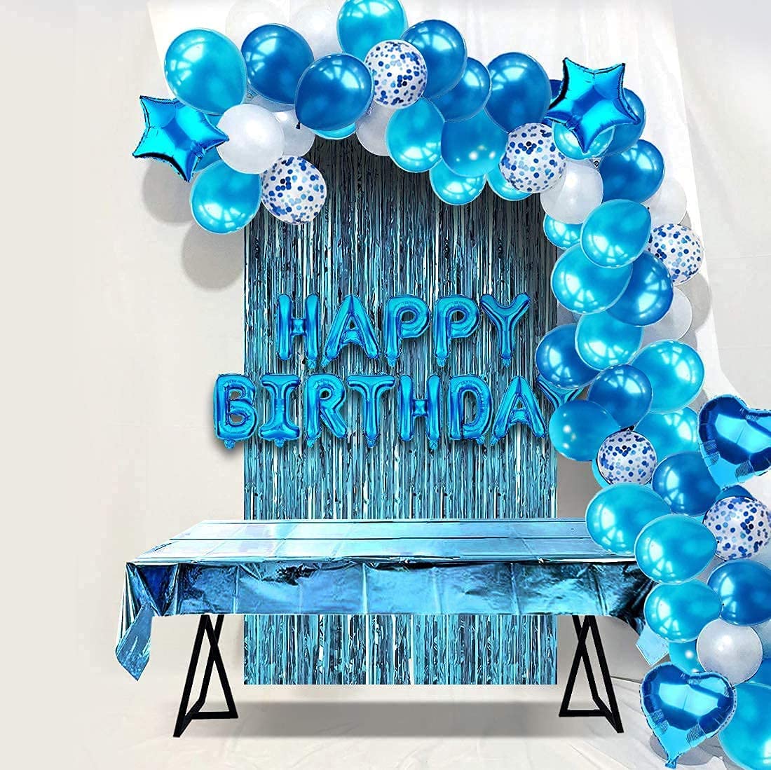 iZoeL Blue Birthday Decoration for Boys, Happy Birthday Banner, Foil Fringe Curtain Tablecloth, Heart Star Confetti Balloons with 10g Birthday Table Confetti for Baby Shower Men Kids